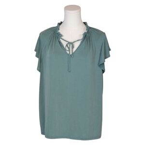 Green Envelope Flutter Sleeve Tie Neck Top XL Teal Boho Soft Modal Blend